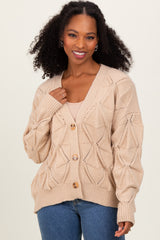 Beige Diamond Knit Button Up Maternity Sweater Cardigan