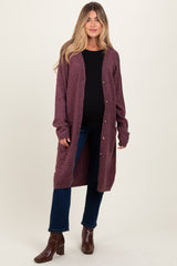 Plum Button Down V-Neck Long Maternity Cardigan