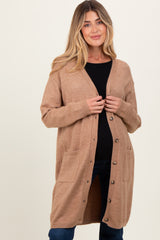 Camel Button Down V-Neck Long Maternity Cardigan