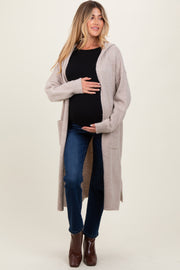 Beige Long Hooded Open Front Maternity Cardigan