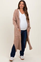 Camel Long Hooded Open Front Maternity Cardigan