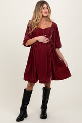 Burgundy Velvet Sweetheart Button Accent Maternity Dress