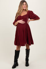 Burgundy Velvet Sweetheart Button Accent Maternity Dress