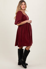 Burgundy Velvet Sweetheart Button Accent Maternity Dress