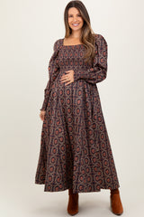 Brown Smocked Printed Square Neck Maternity Maxi Dress