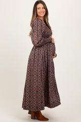 Brown Smocked Printed Square Neck Maternity Maxi Dress