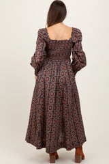 Brown Smocked Printed Square Neck Maternity Maxi Dress