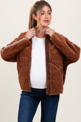 Brown Quilted Corduroy Maternity Puffer Jacket