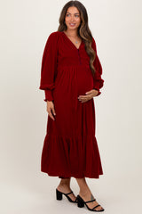 Burgundy Velvet Button Accent Smocked Sleeve Maternity Midi Dress