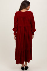 Burgundy Velvet Button Accent Smocked Sleeve Maternity Midi Dress