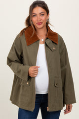 Olive Gingham Lined Maternity Zipper Jacket