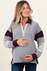 Charcoal Grey Colorblock Stripe Collared Maternity Pullover