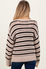 Beige Striped Crochet Knit Maternity Sweater