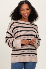 Beige Striped Crochet Knit Sweater