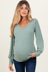 Light Olive Ribbed Knit V-Neck Button Cuff Maternity Top