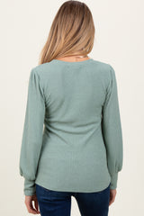 Light Olive Ribbed Knit V-Neck Button Cuff Maternity Top