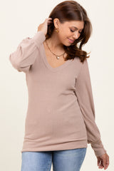 Beige Ribbed Knit V-Neck Button Cuff Top