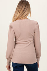 Beige Ribbed Knit V-Neck Button Cuff Maternity Top