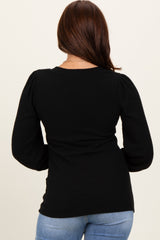 Black Ribbed Knit V-Neck Button Cuff Top