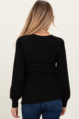 Black Ribbed Knit V-Neck Button Cuff Maternity Top