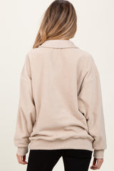 Beige Fleece Collared Button Up Maternity Pullover