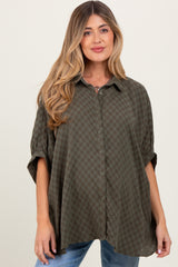 Olive Checker Print Short Sleeve Oversized Maternity Blouse