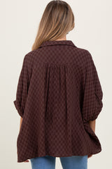 Brown Checker Print Short Sleeve Oversized Maternity Blouse