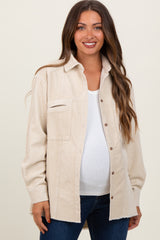 Beige Corduroy Fringe Hem Maternity Shirt Jacket