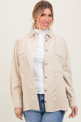 Beige Corduroy Fringe Hem Shirt Jacket