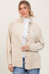 Beige Corduroy Fringe Hem Shirt Jacket