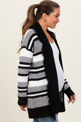 Black Mixed Stripe Fringe Shawl Collar Maternity Cardigan