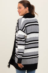 Black Mixed Stripe Fringe Shawl Collar Maternity Cardigan