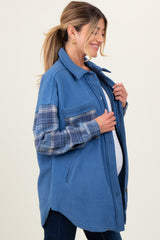 Blue Plaid Contrast Fleece Maternity Shacket