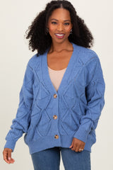 Blue Diamond Knit Button Up Maternity Sweater Cardigan