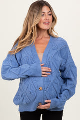 Blue Diamond Knit Button Up Maternity Sweater Cardigan