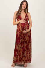 Burgundy Floral Deep V-Neck Back Cutout Maternity Maxi Dress