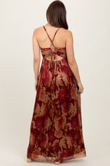 Burgundy Floral Deep V-Neck Back Cutout Maternity Maxi Dress