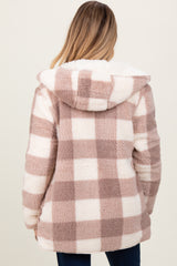 Light Taupe Plaid Teddy Fleece Hooded Maternity Cardigan