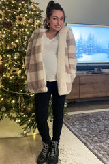 Light Taupe Plaid Teddy Fleece Hooded Maternity Cardigan