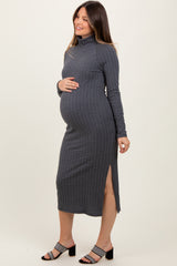 Charcoal Cable Knit Turtleneck Maternity Midi Sweater Dress