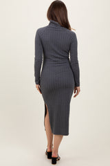 Charcoal Cable Knit Turtleneck Maternity Midi Sweater Dress