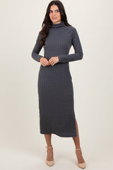 Charcoal Cable Knit Turtleneck Midi Sweater Dress