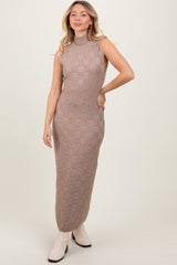 Mocha Checkered Knit Mock Neck Side Slit Maxi Dress