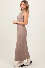 Mocha Checkered Knit Mock Neck Side Slit Maxi Dress