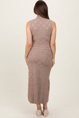 Mocha Checkered Knit Mock Neck Side Slit Maternity Maxi Dress