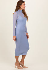 Light Blue Mesh Overlay Fitted Midi Dress