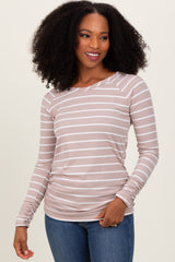 Beige Striped Ruched Side Long Sleeve Top