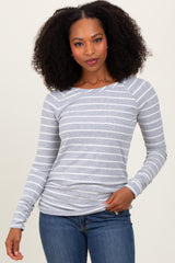 Grey Striped Ruched Side Maternity Long Sleeve Top