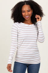 White Striped Ruched Side Long Sleeve Top