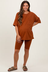 Rust Oversized Short Sleeve Biker Short Maternity Set